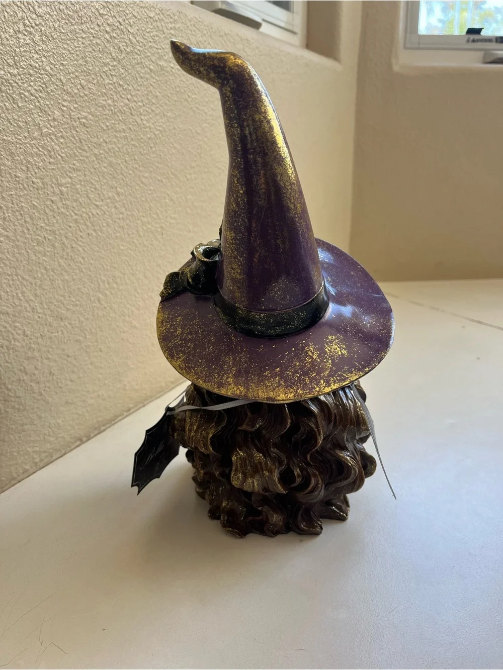 Bella Lux Halloween Witch Figurine Blowing a Bubble  - Purple Hat, Orange Dress